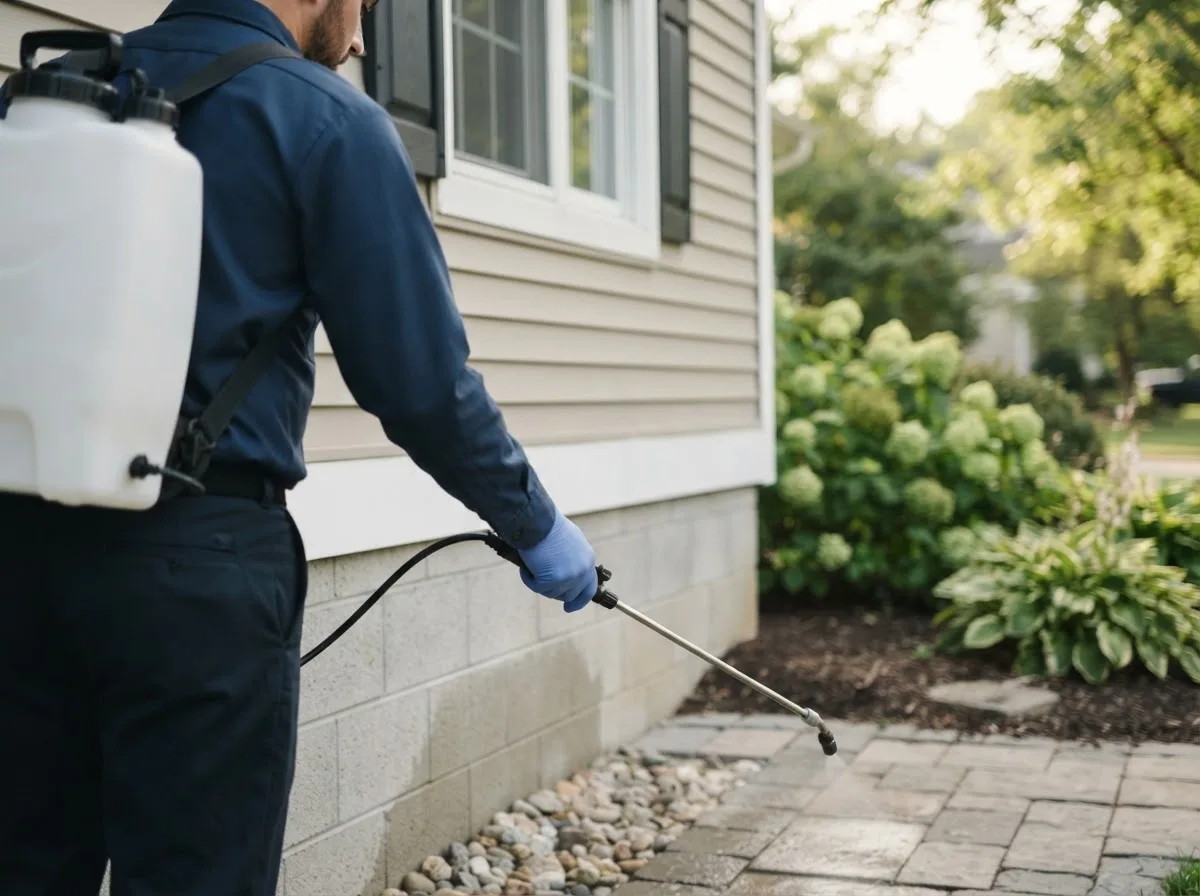 Pest control technician inspecting a home in Stoy, IL
